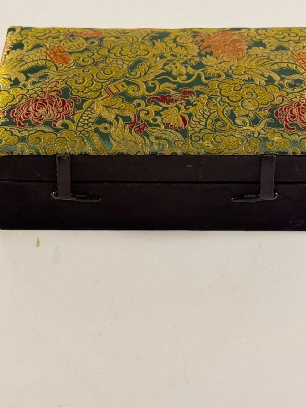 Vintage Asian Silk Top Jewelry Box Gold Floral & Dragon Design Red Velvet Lined